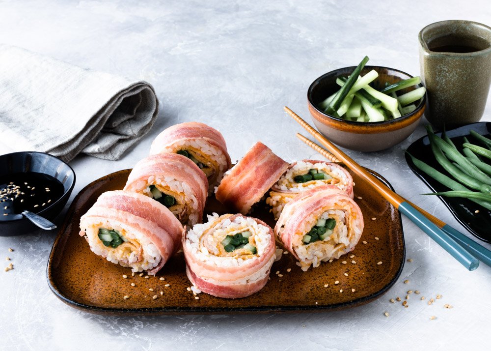 Bacon wrapped sushi