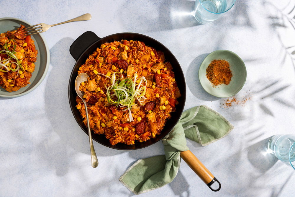 Jambalaya Met Chorizo, Kip En Gekrulde Bosui