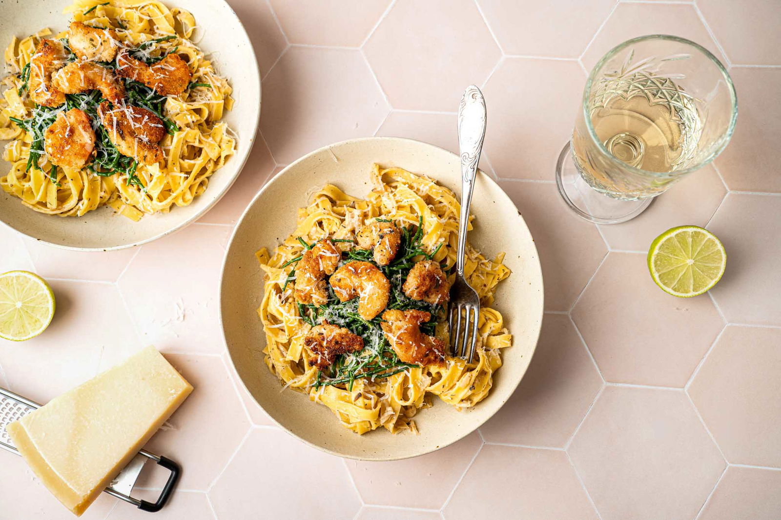 Tagliatelle met zeekraal en crispy garnalen